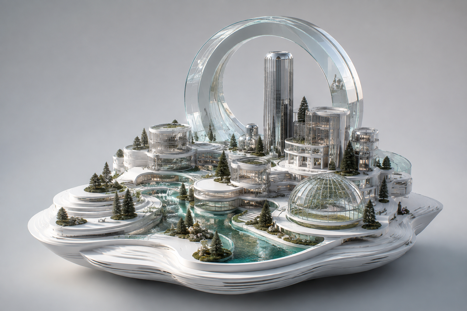 Silver buildings and gardens in the starting area