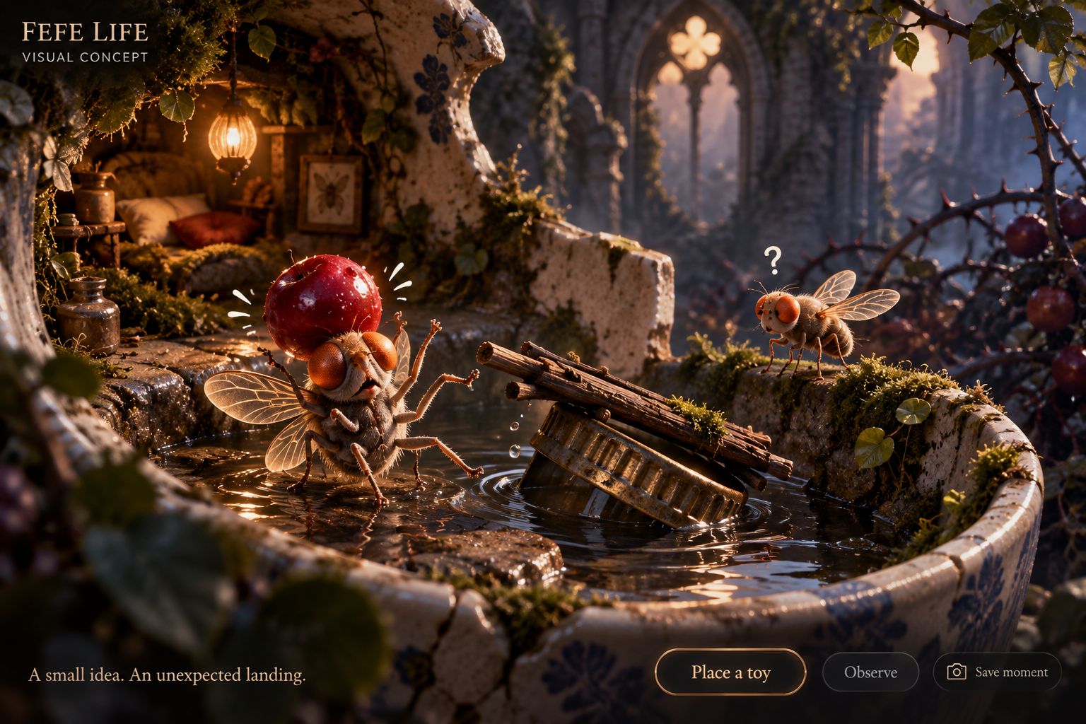 Lantern light fills a home inside a broken cup. A fly balances a red berry beside a tipping bridge while a companion watches.